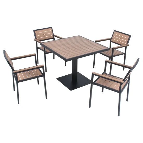 Personalização básica 5 peças ao ar livre hotel jardim quadro de alumínio plástico madeira mesa jantar conjunto cadeiras móveis