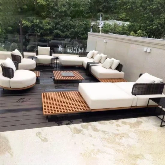 Mobiliário de estilo moderno francês para exteriores, projeto de hotel, conjunto de sofás de jardim em madeira maciça