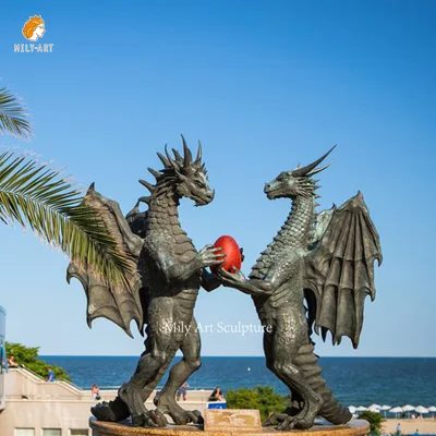 Escultura gigante de monstro de metal ao ar livre, casal de bronze, estátua de dragões ocidentais com ovo